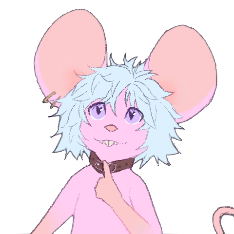 A drawing of the mouse. It's looking at the viewer with heart eyes and a happy expression. It has light blue hair, big ears, and pinkish fur. It's wearing a leather collar and tugging on it with its finger.